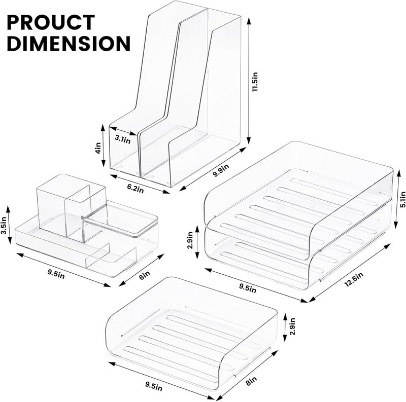 CiWiVOKi Desk Organizer with 2 Vertical File Holder, 4 Tier Stackable Paper Letter Tray File Organizer with 5-Compartments Pen Holder, Clear Desktop Organizer Office Organization and Storage - Image 2